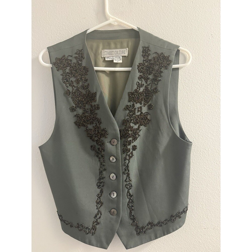 Street Culture Beaded Floral Vest Sage Green Silk Blend Women’s S Beads in frt